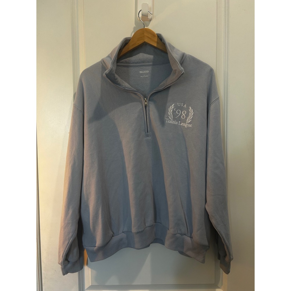 Hollister Mens Quarter Zip Sweatshirt Light Blue USA 98 Tennis League Large Y2K